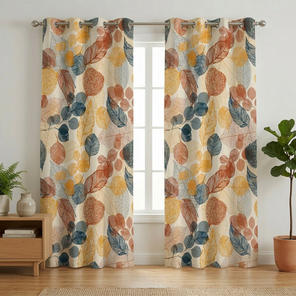 Decorative Blue Beige Brown Gold Botanical Blackout Window Curtain DAHLIA