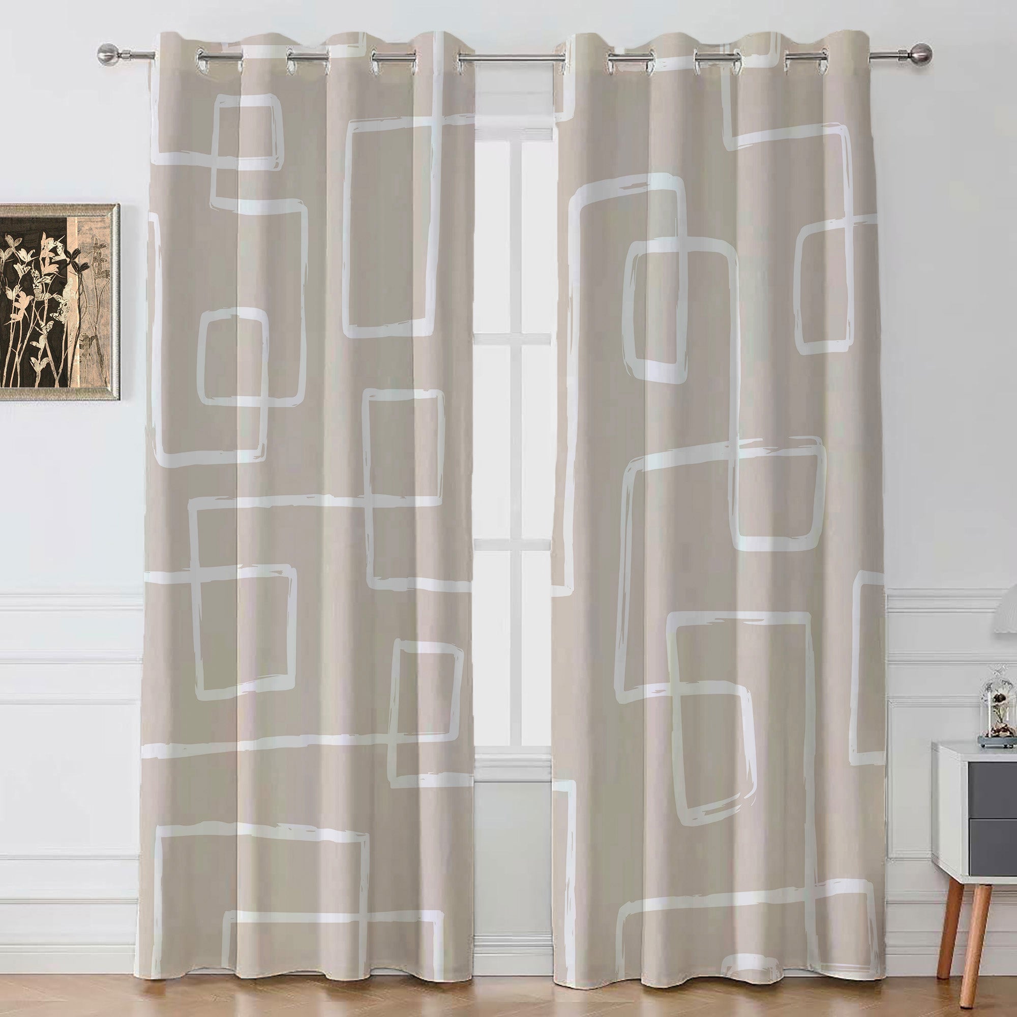 Modern Abstract Geometric Beige White Neutral Blackout Window Curtain DANA