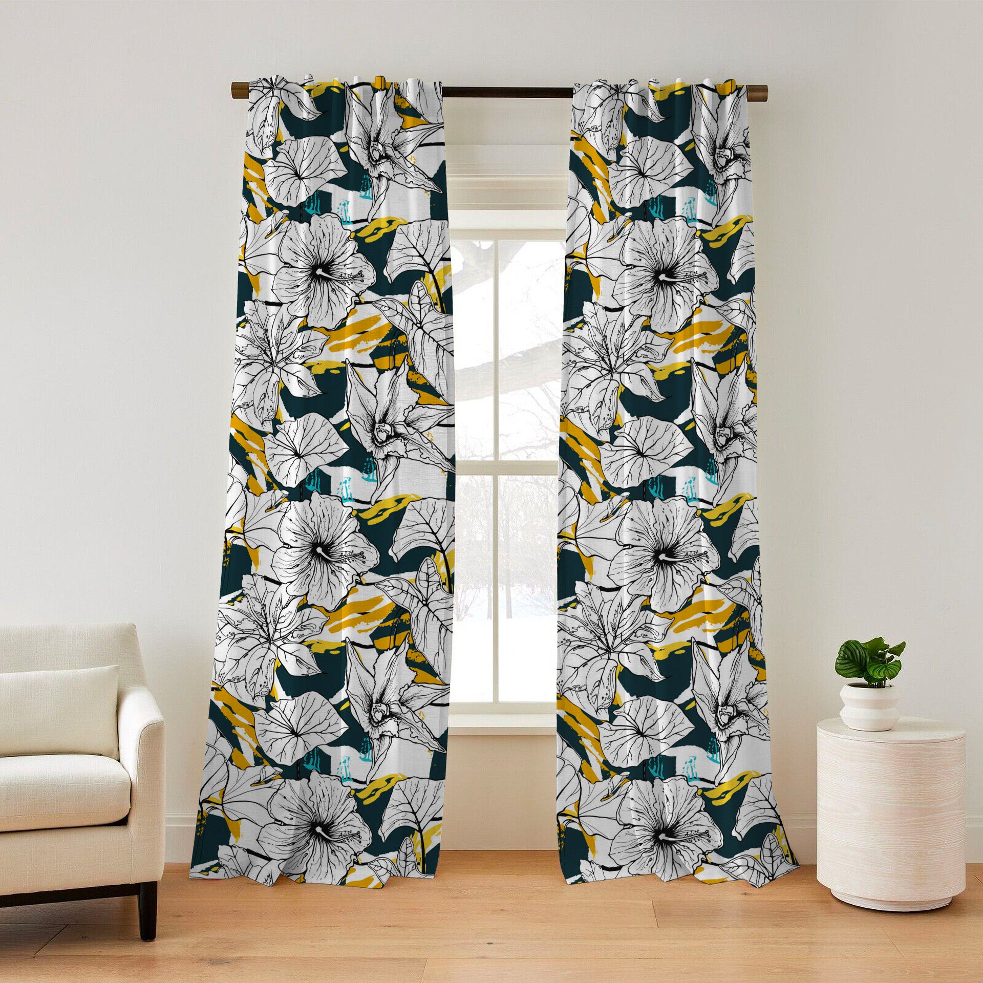 Modern Abstract Botanical Flowers Tropical Blackout Window Curtain DAPHNE