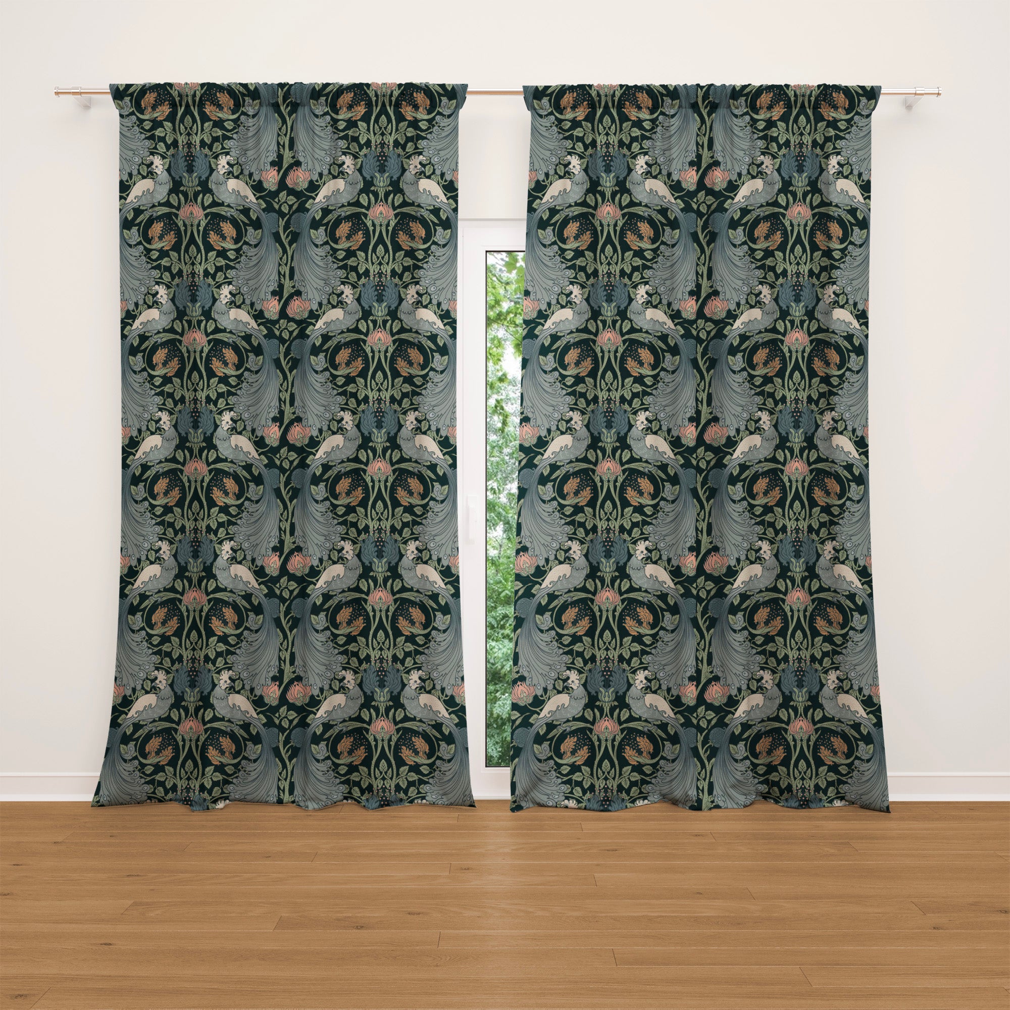 Enchanted Dark Vintage Flowers Birds Botanic Retro Blackout Window Curtain AVELINE