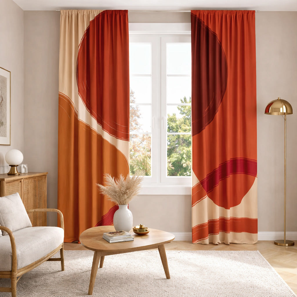 Abstract Mid Century Modern Warm Red Terracotta Blackout Window Curtains FLORENCE - 2 Panels