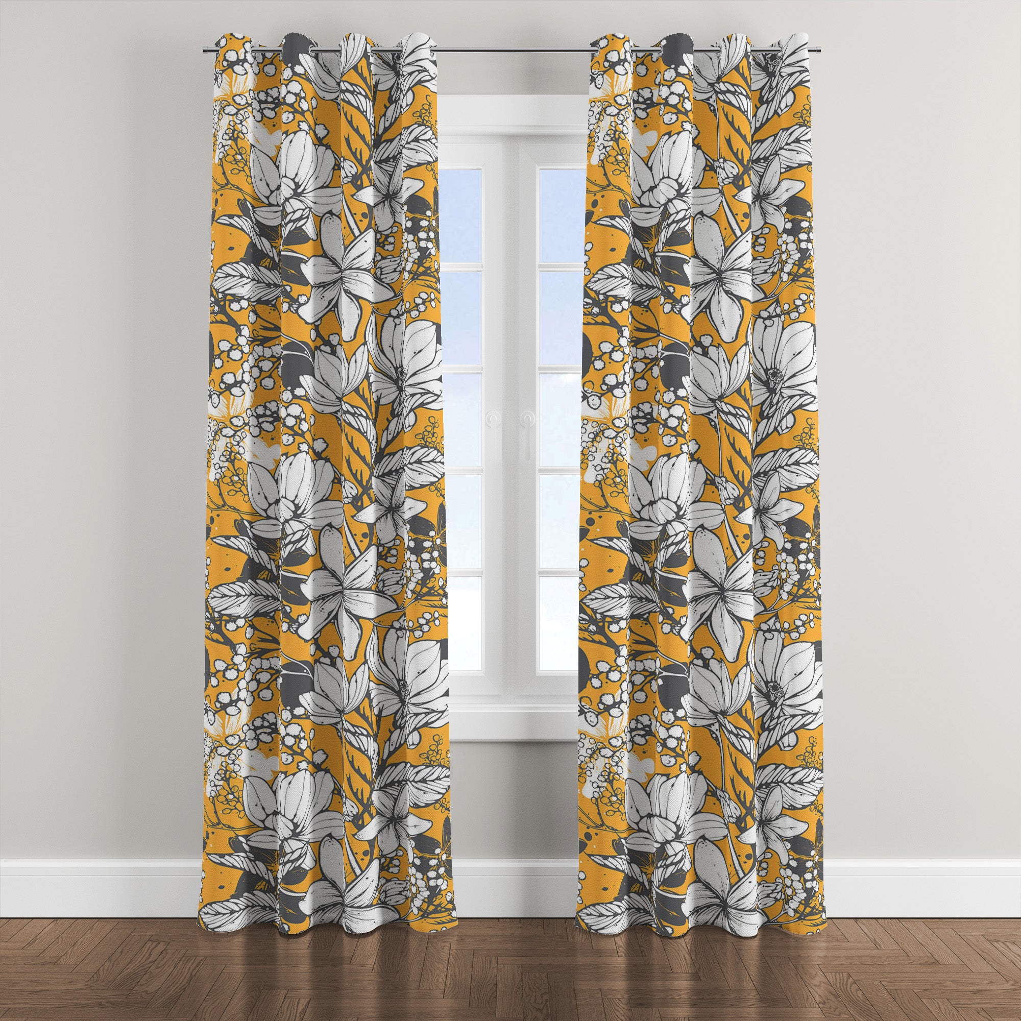 Modern Yellow Grey Botanical Floral Blackout Window Curtain OPHELIA
