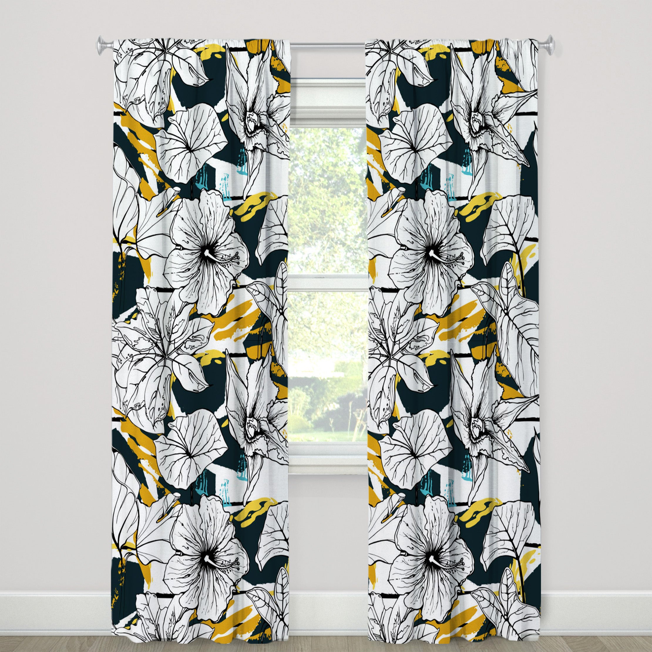 Abstract Botanical Tropical Modern Floral Blackout Window Curtain DAPHNE