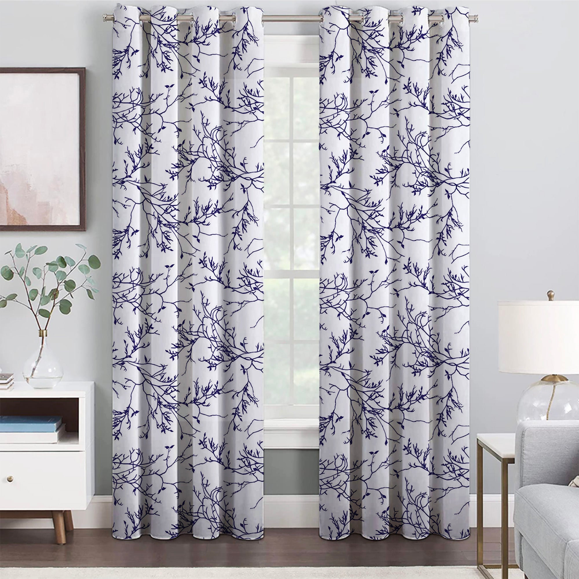 Forest Navy Blue Tree Branches White Botanical Blackout Window Curtain ELOISE