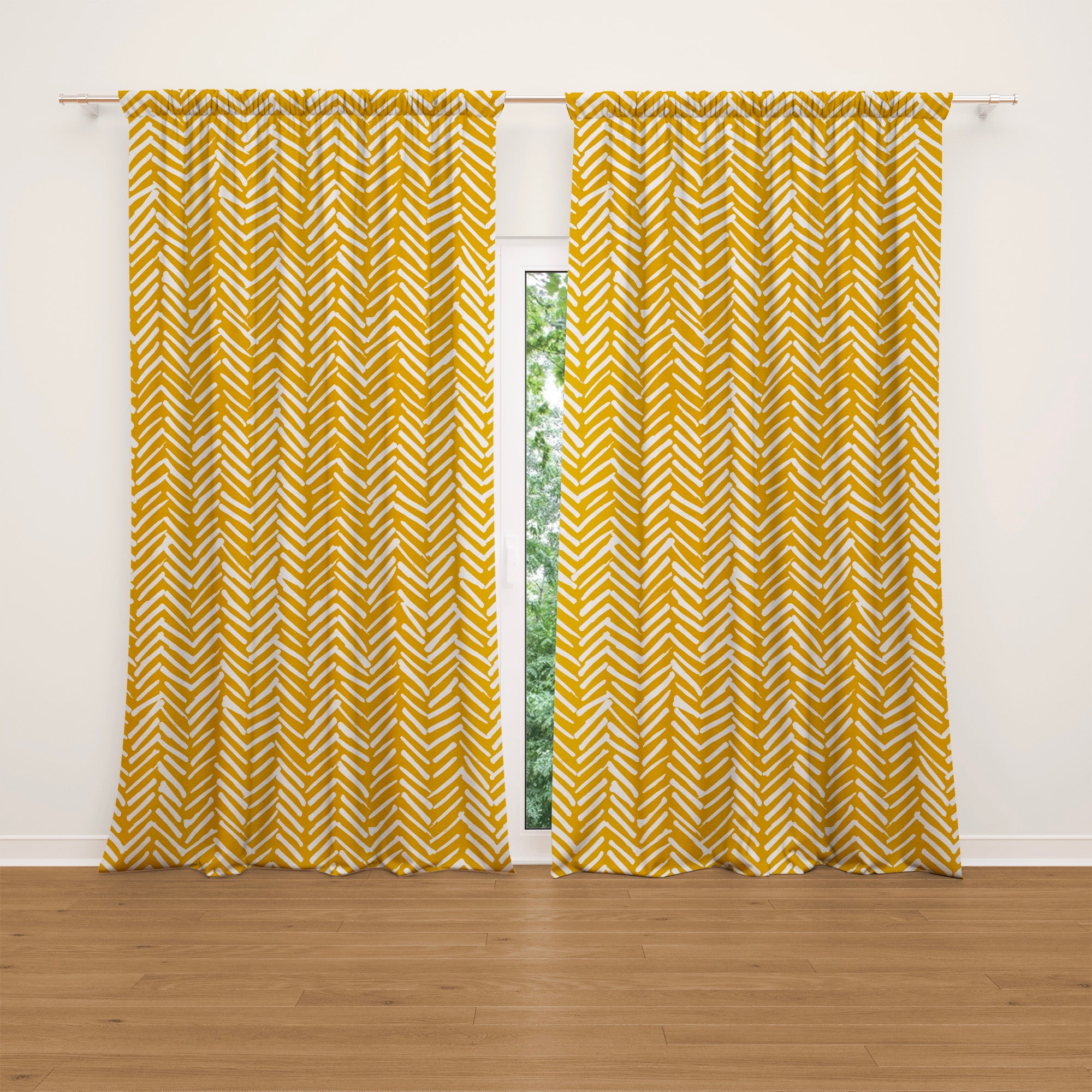 Geometric Chevron Yellow White Mudcloth Blackout Window Curtain FURAHA