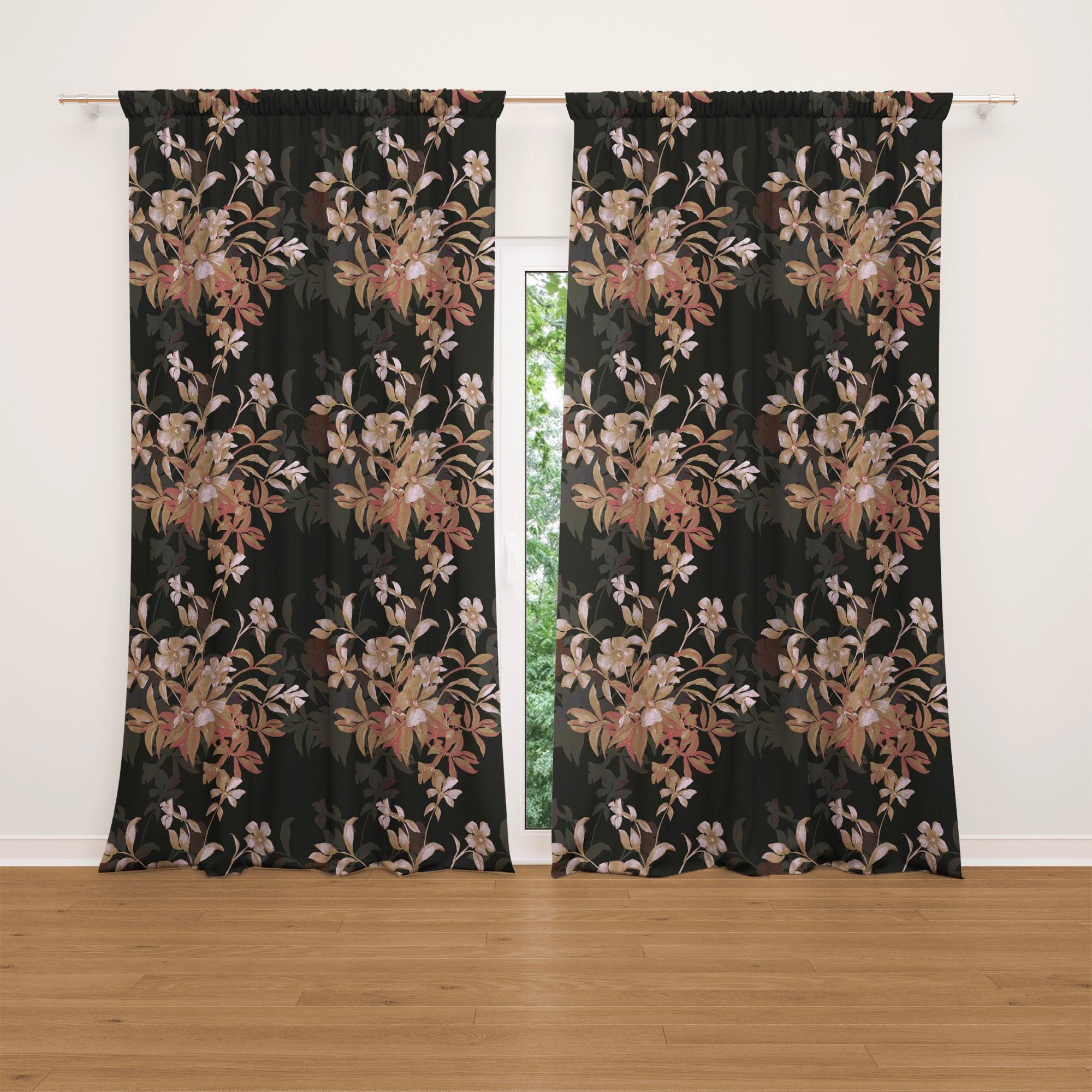 Dark Botanic Garden Watercolor Bouquet Floral Blackout Window Curtain VELORA