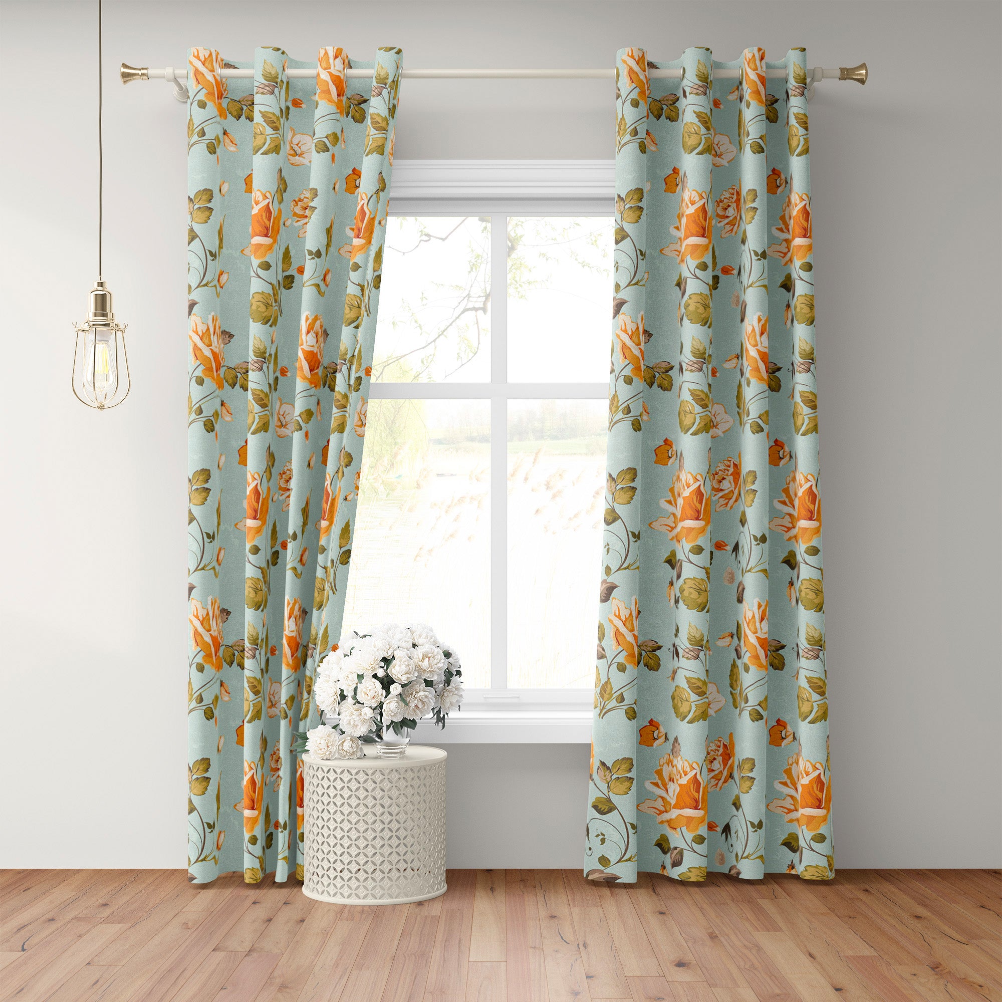 Botanical Garden Orange Roses Light Blue Floral Blackout Window Curtain ROSE