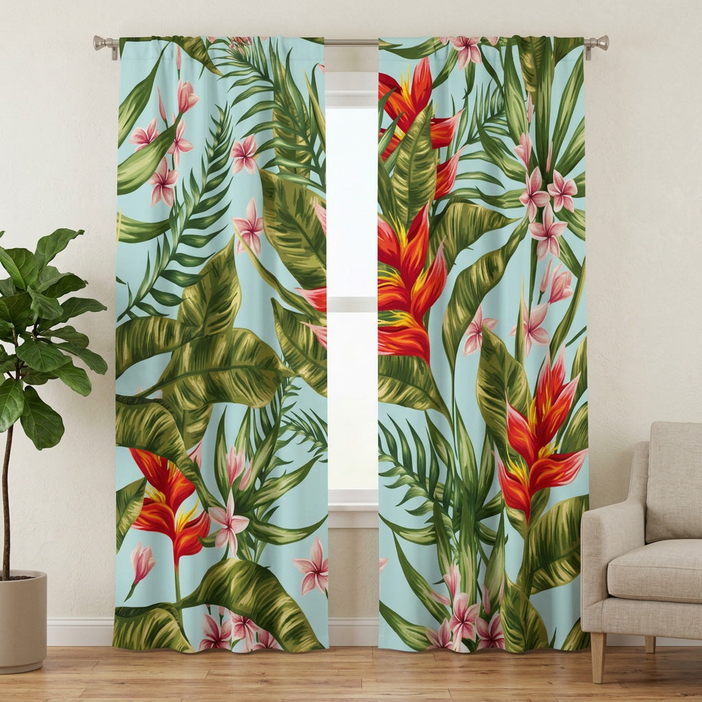 Tropical Leaves And Red Flowers Green Blackout Window Curtains HELICONIA - 2 Panels