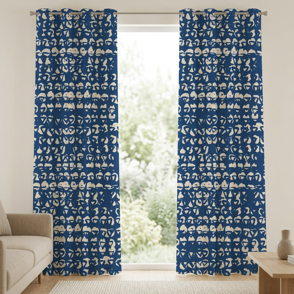 Shibori Triangle Indigo Blue White Blackout Window Curtain HENDRA