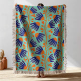Abstract Indian Orange Teal Floral Cotton Woven Throw Blanket INAYA
