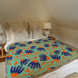 Abstract Indian Orange Teal Floral Cotton Woven Throw Blanket INAYA