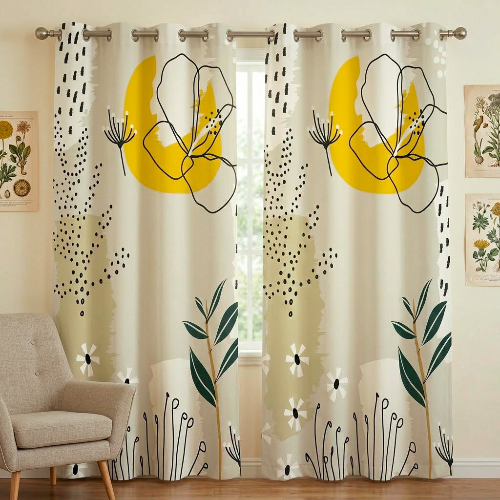 Botanical Beige Yellow Retro Floral Blackout Window Curtain JOLENE