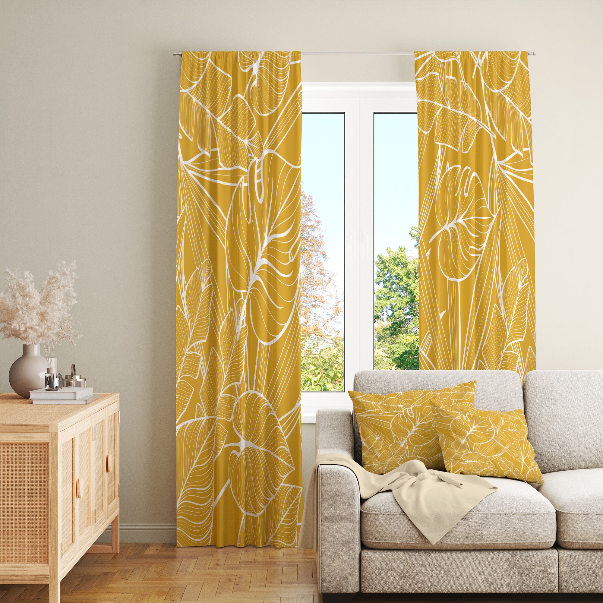 Botanical Tropical Mustard Yellow Monstera Blackout Window Curtains JOSY - 2 Panels