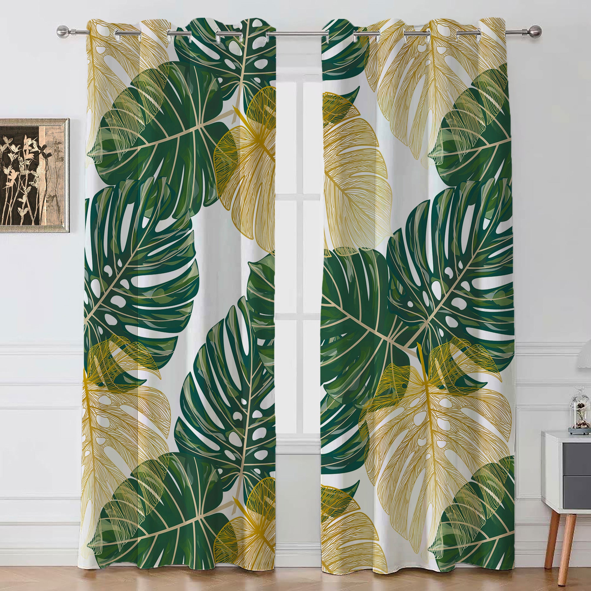 Monstera Leaves Green Gold White Tropical Blackout Window Curtains KAU ...
