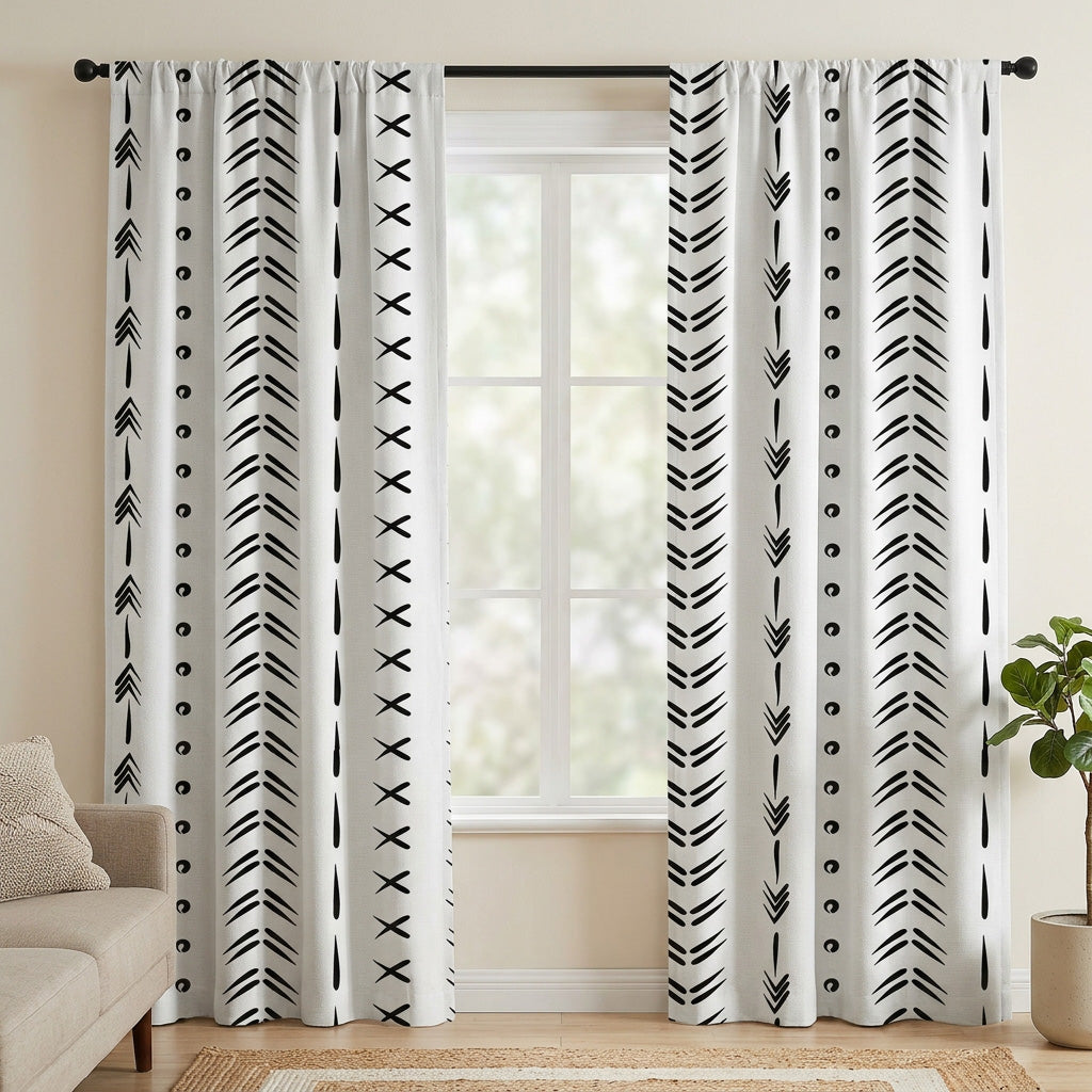 Geometric Black White Mudcloth Ethnic Blackout Window Curtain KIGALI