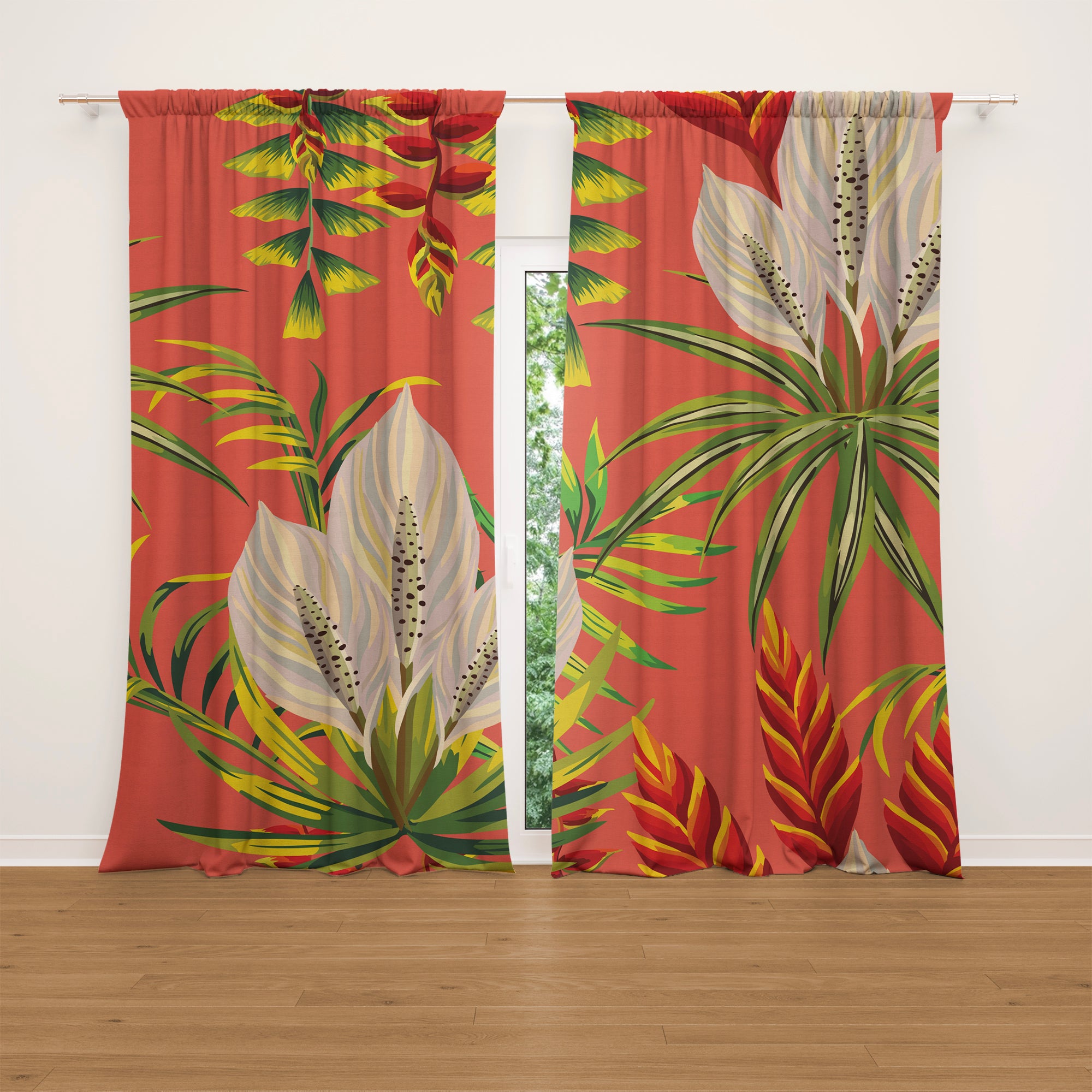 Exotic Flower Green Leaves Orange Tropical Blackout Window Curtains KONA - 2 Panels