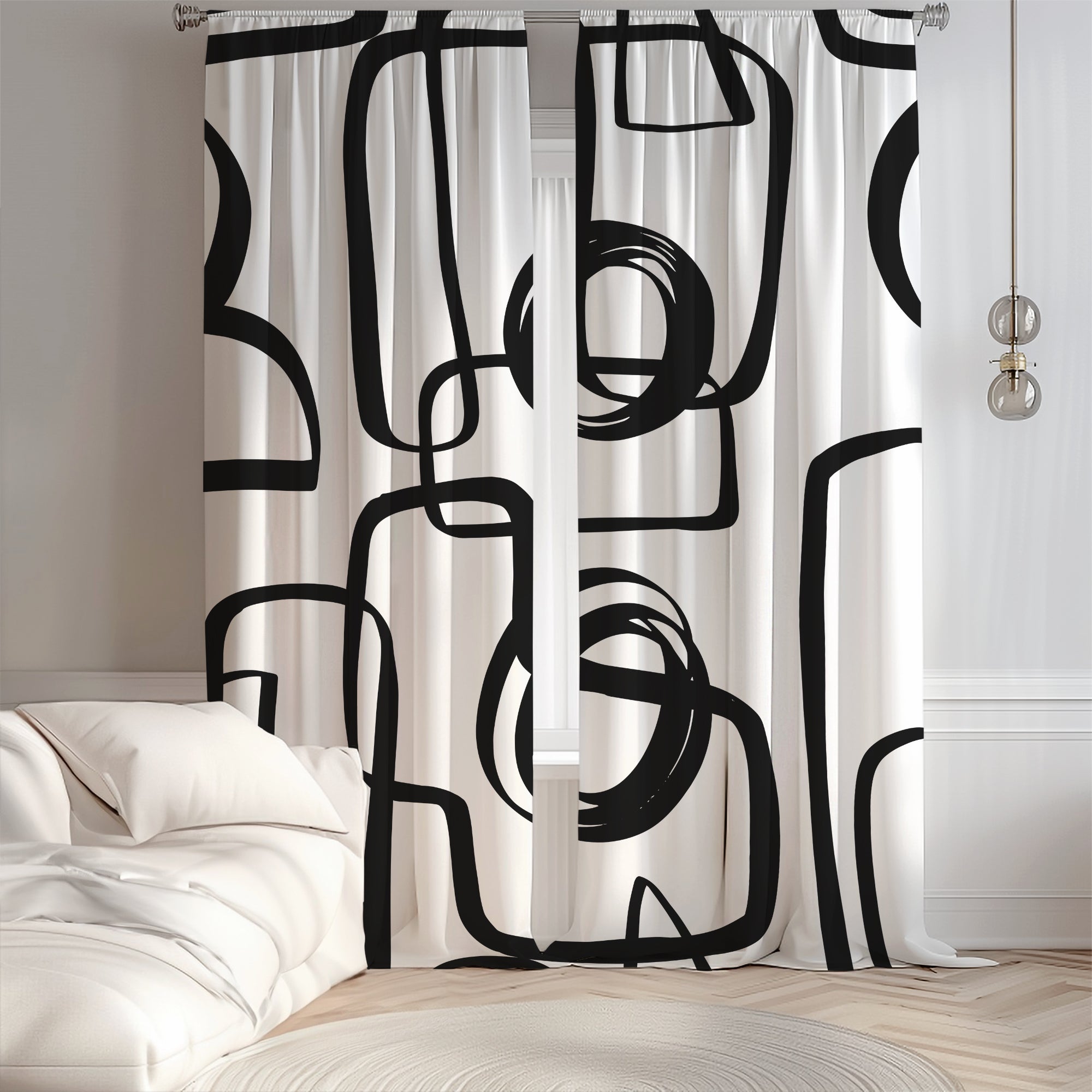 Abstract Geometric Black White Mid Century Modern Blackout Window Curt ...