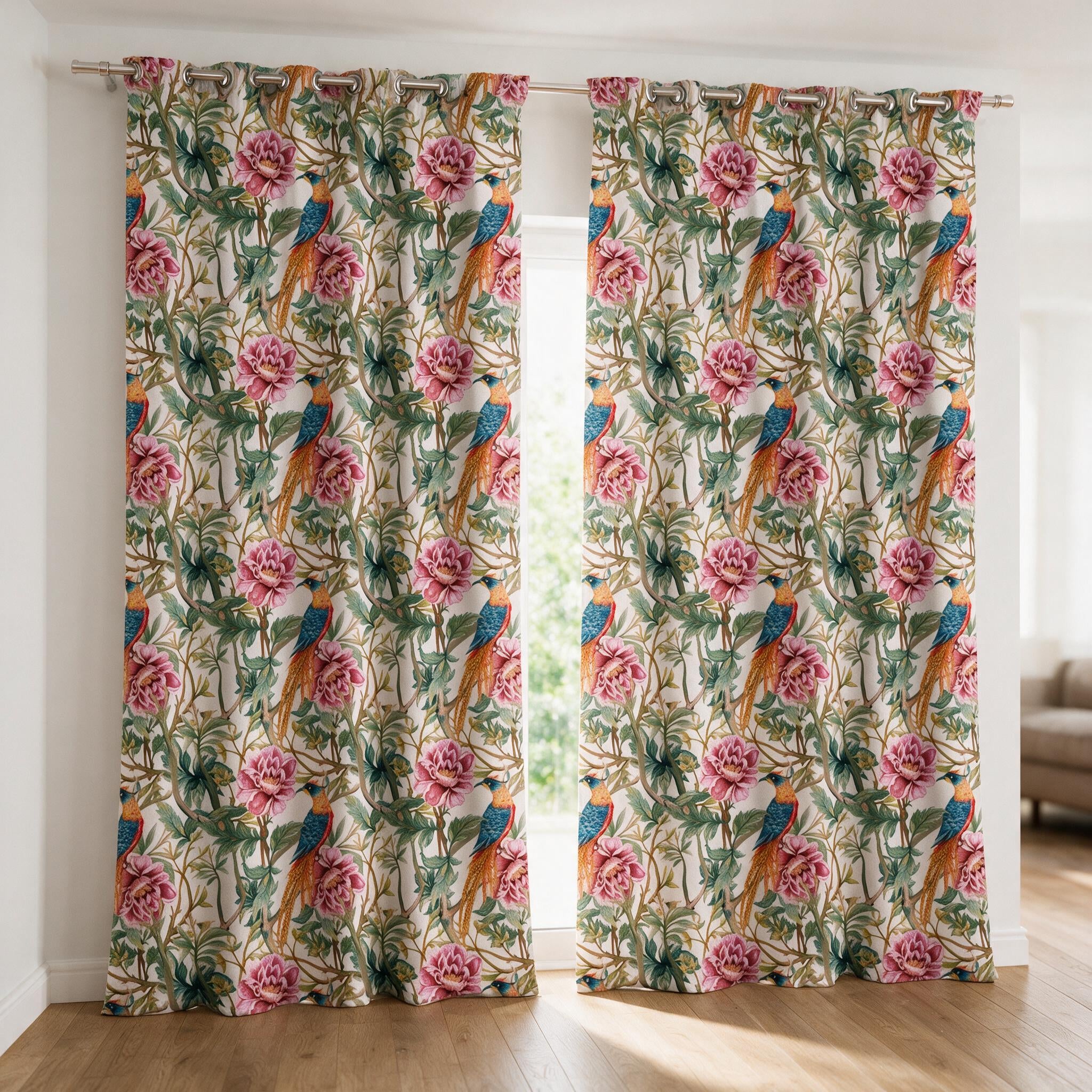 Oriental Floral Art Blossom Pheasant Blackout Window Curtain KYOKA