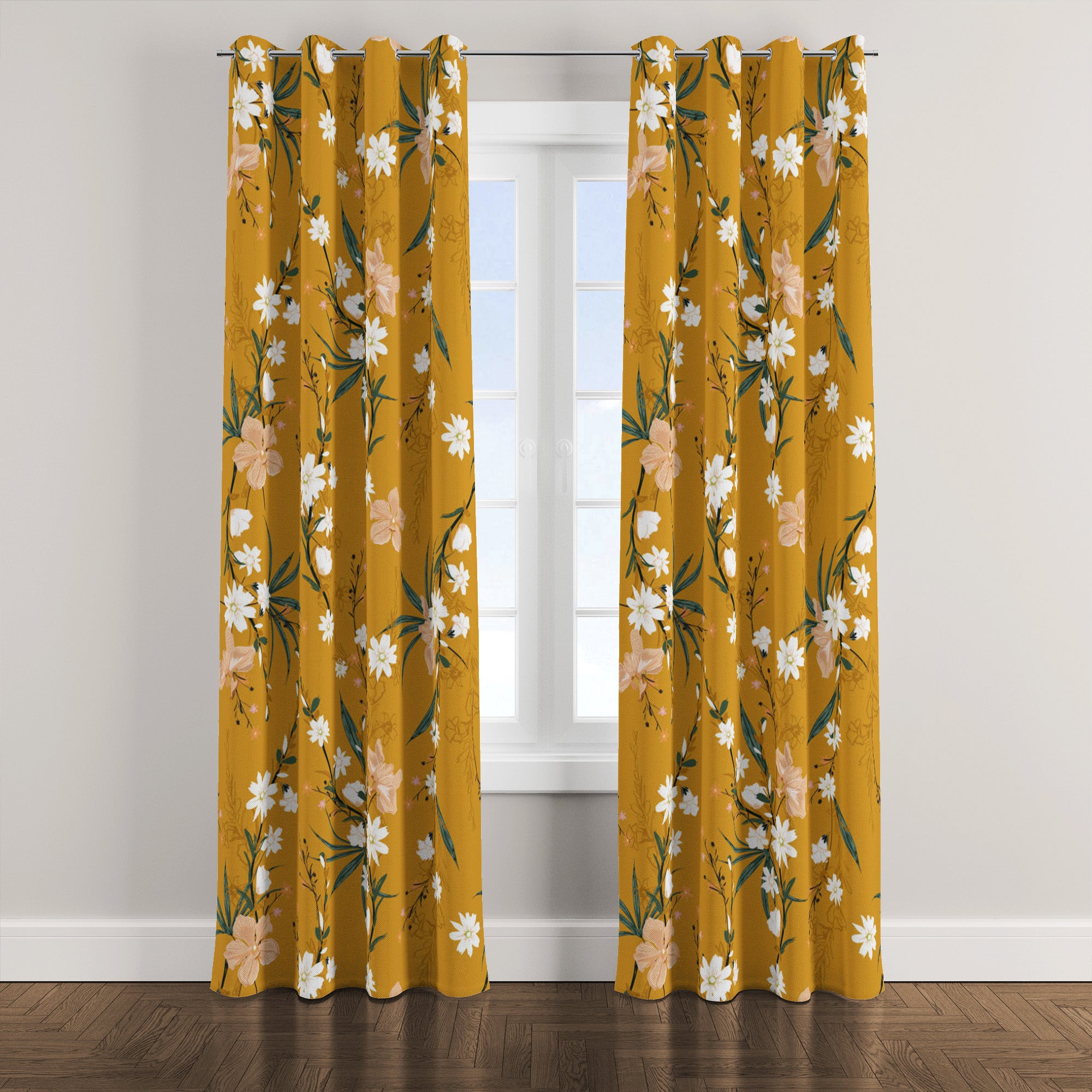 Botanical Garden Mustard Yellow Orchid Floral Blackout Window Curtain LAYLA