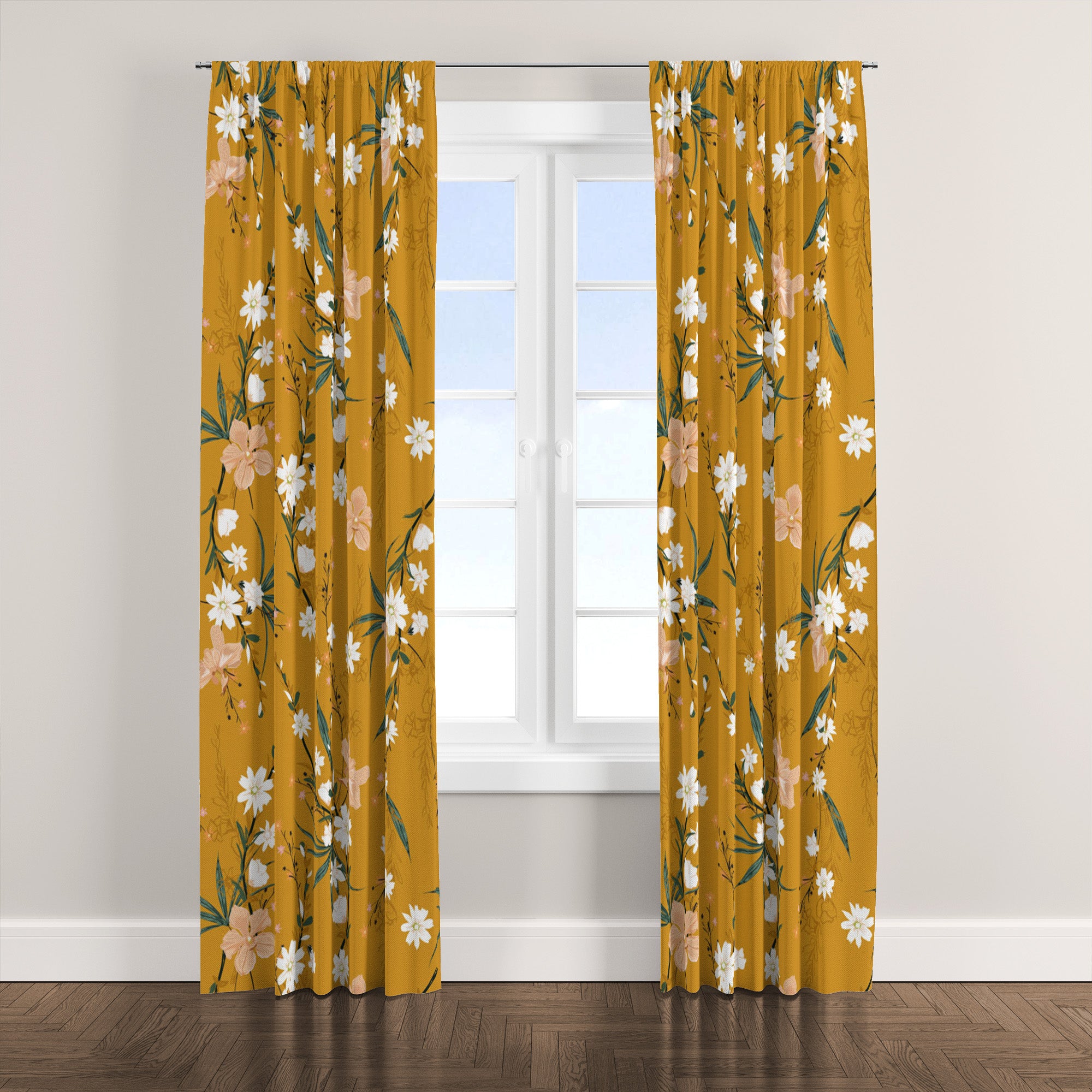 Garden Mustard Yellow Botanical Orchid Floral Blackout Window Curtain LAYLA