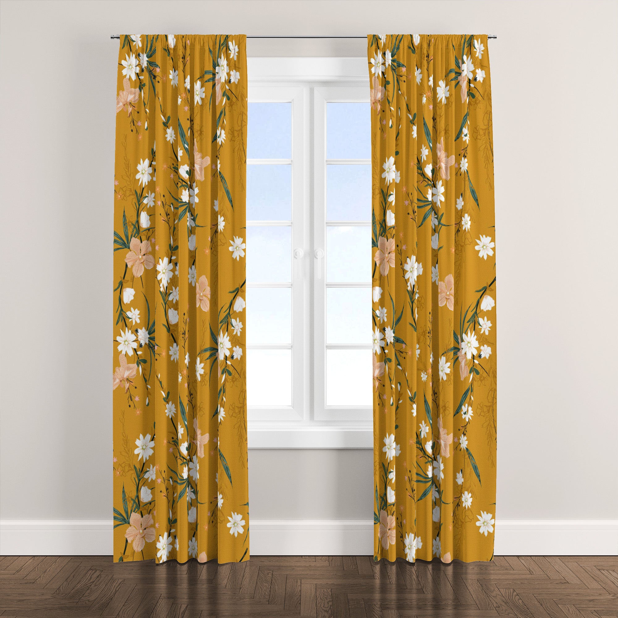 Botanical Garden Mustard Yellow Orchid Floral Blackout Window Curtain LAYLA