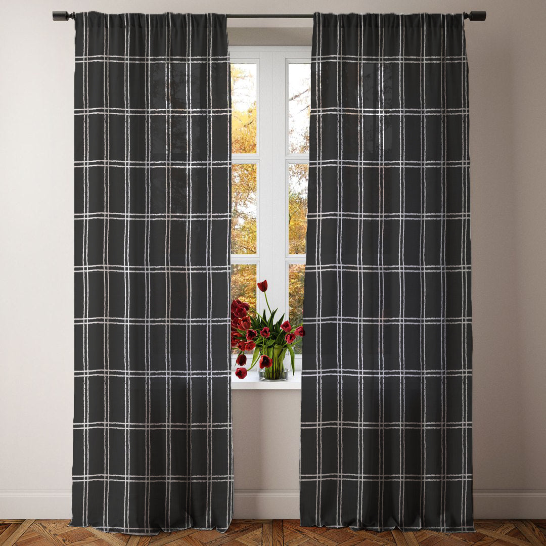 Minimalist Farmhouse Geometric White Black Checkered Semi Sheer Window Curtain LORAH