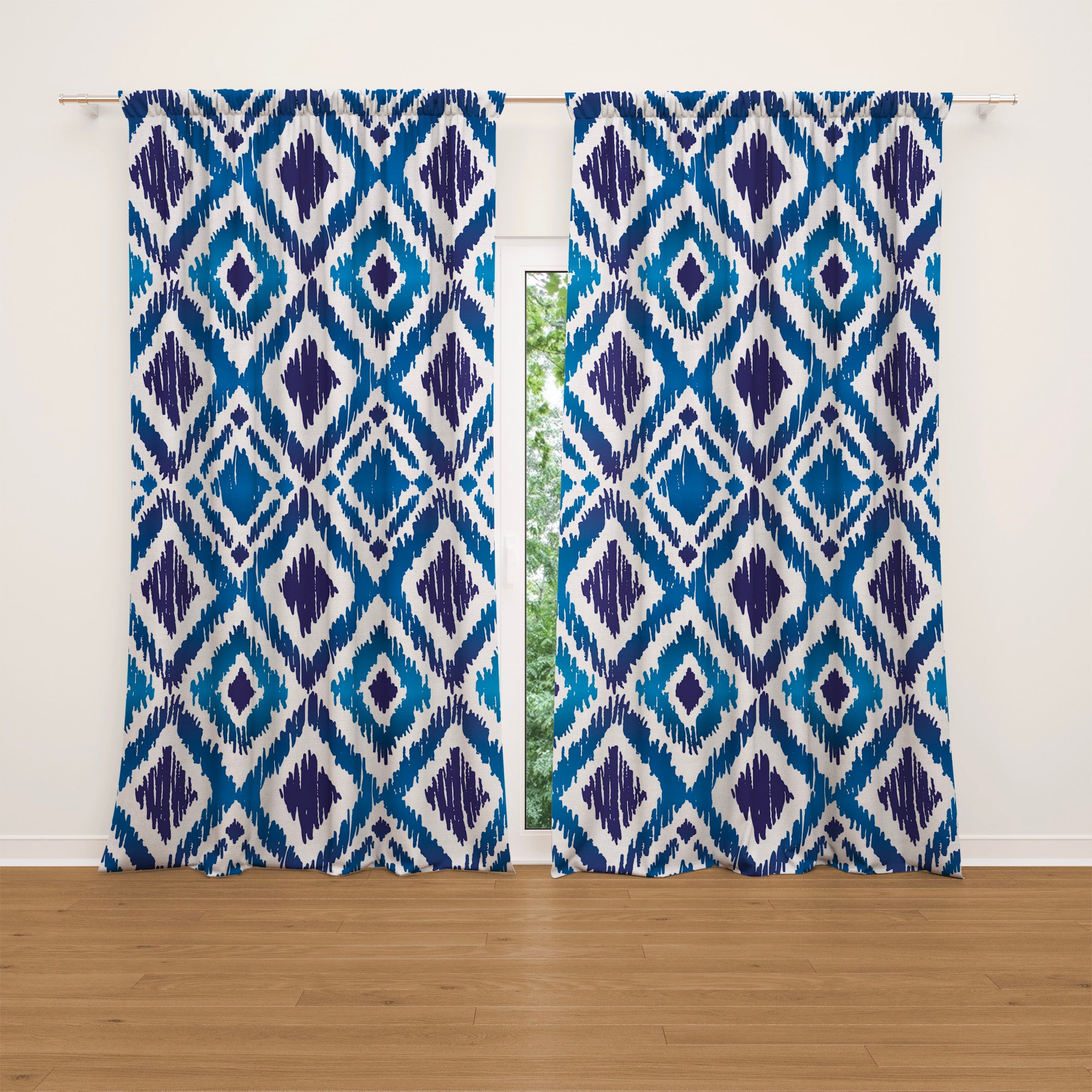 Abstract Blue Indigo Ikat Blackout Window Curtain OCEAN