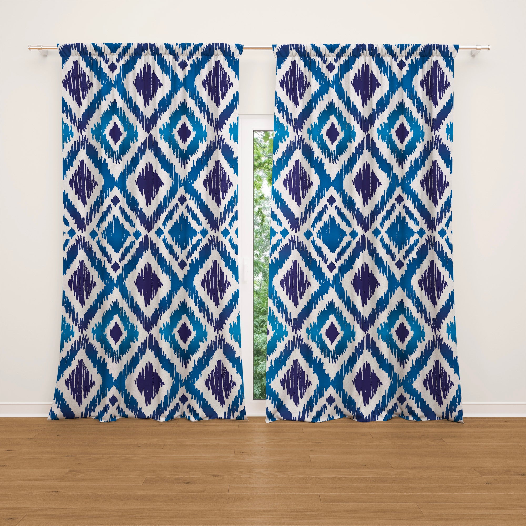 Abstract Geometric Indigo Blue Ikat Blackout Window Curtain OCEAN