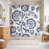 Retro Classic Navy Blue Botanical Floral Farmhouse Shower Curtain PEONY