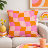 Groovy Checker Orange Pink Maximalist Aesthetic Throw Pillow Cover