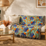 Abstract Indian Orange Teal Floral Cotton Woven Throw Blanket INAYA