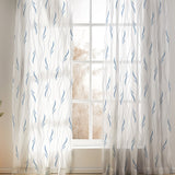 Abstract Modern Minimalist Thin Leaves White Blue Semi Sheer Window Curtain SAIGE