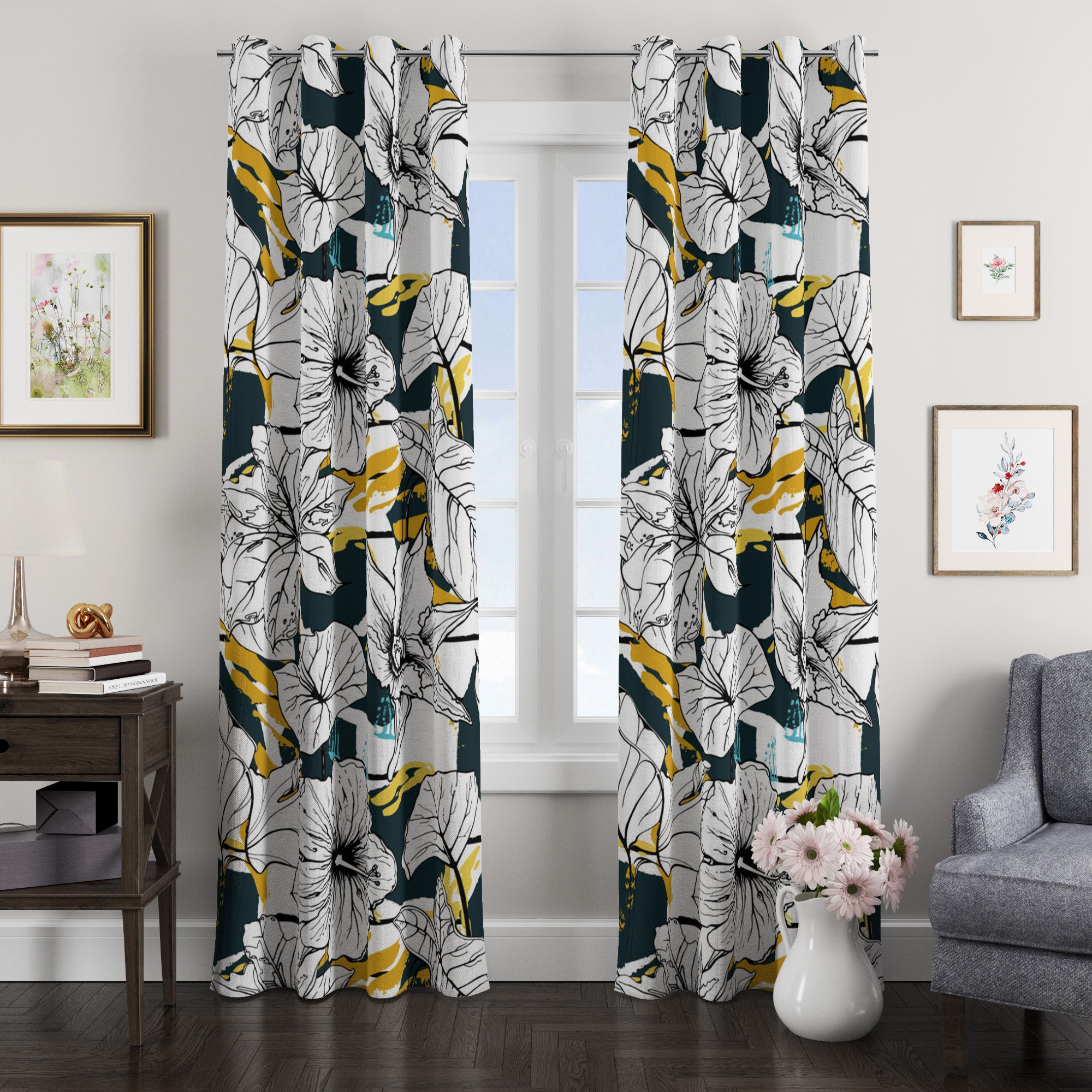 Grey Chartreuse Modern Botanical Floral 2024 Curtains