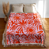 Abstract Groovy Sun Leaves Red Pink Retro Cotton Woven Throw Blanket SOLARIS
