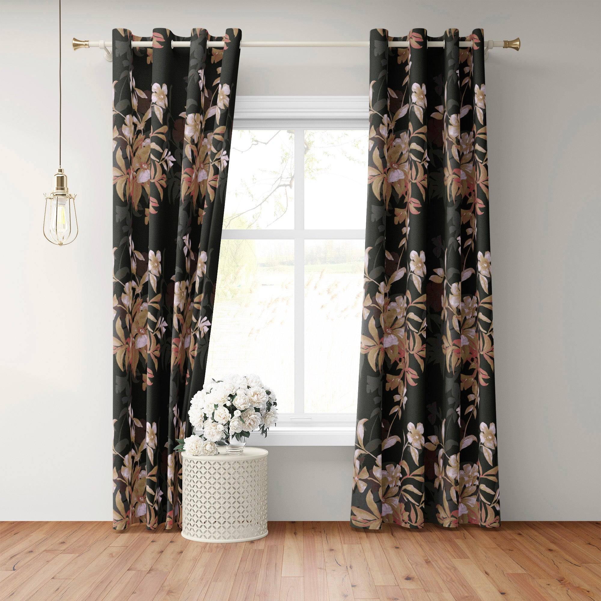 Dark Botanical Garden Watercolor Bouquet Floral Blackout Window Curtain VELORA