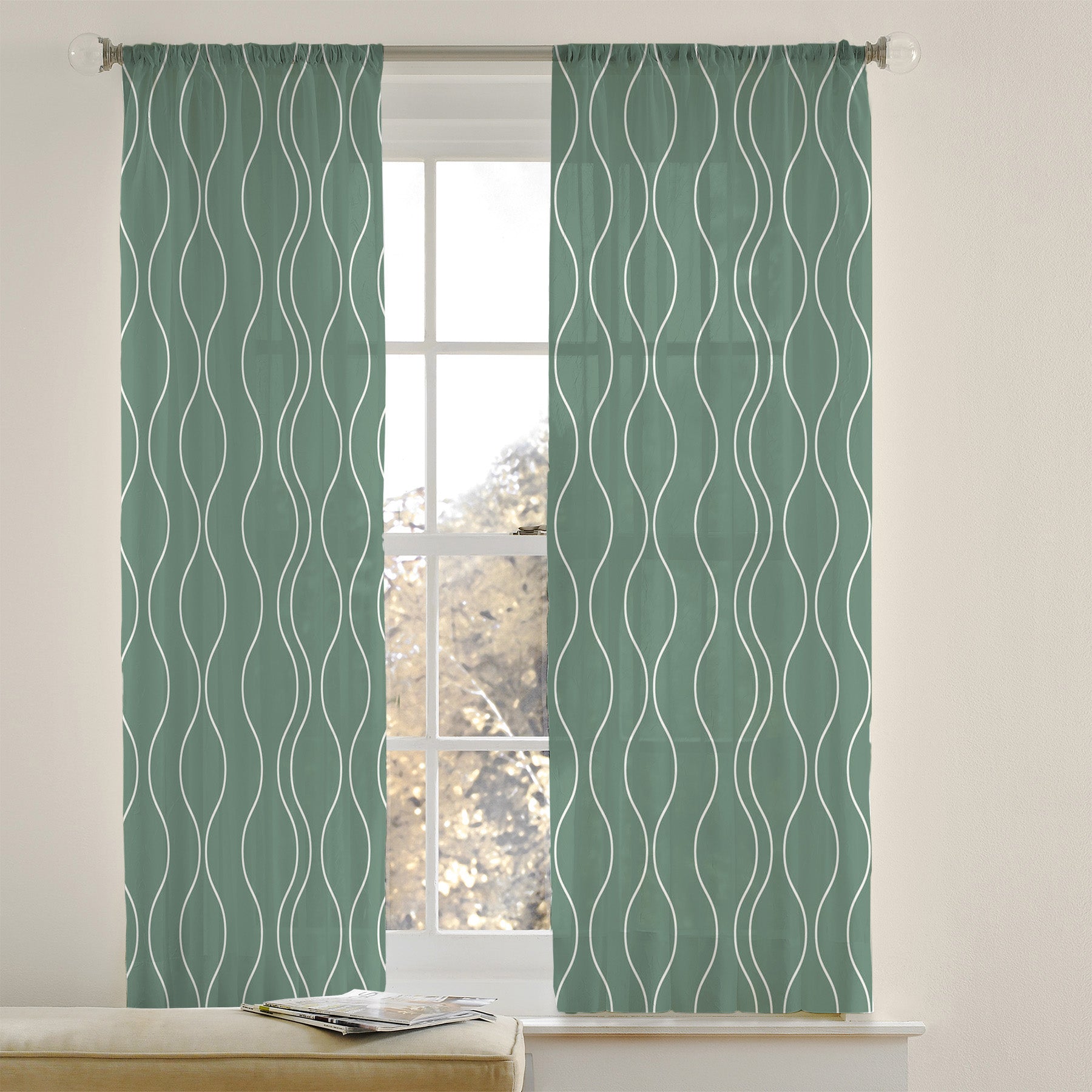 Geometric Minimalist Green Semi Sheer Window Curtain VERDE