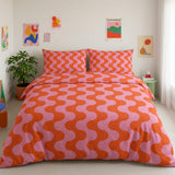 Dopamine Wavy Stripes Retro Red Pink Maximalist Cotton Duvet Cover Set VIBRANA