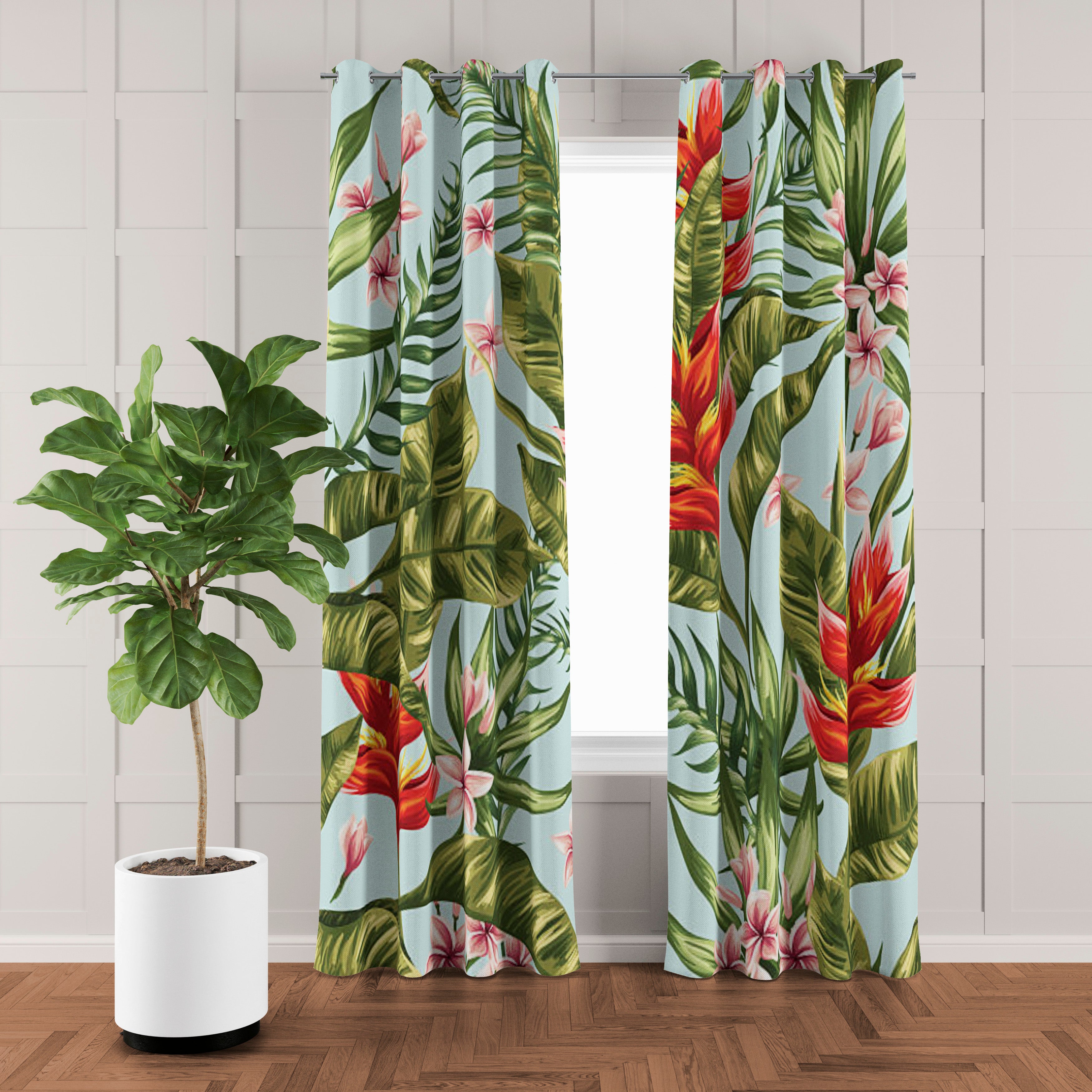 Tropical Leaf Red Flower Green Blackout Window Curtains HELICONIA - 2 Panels