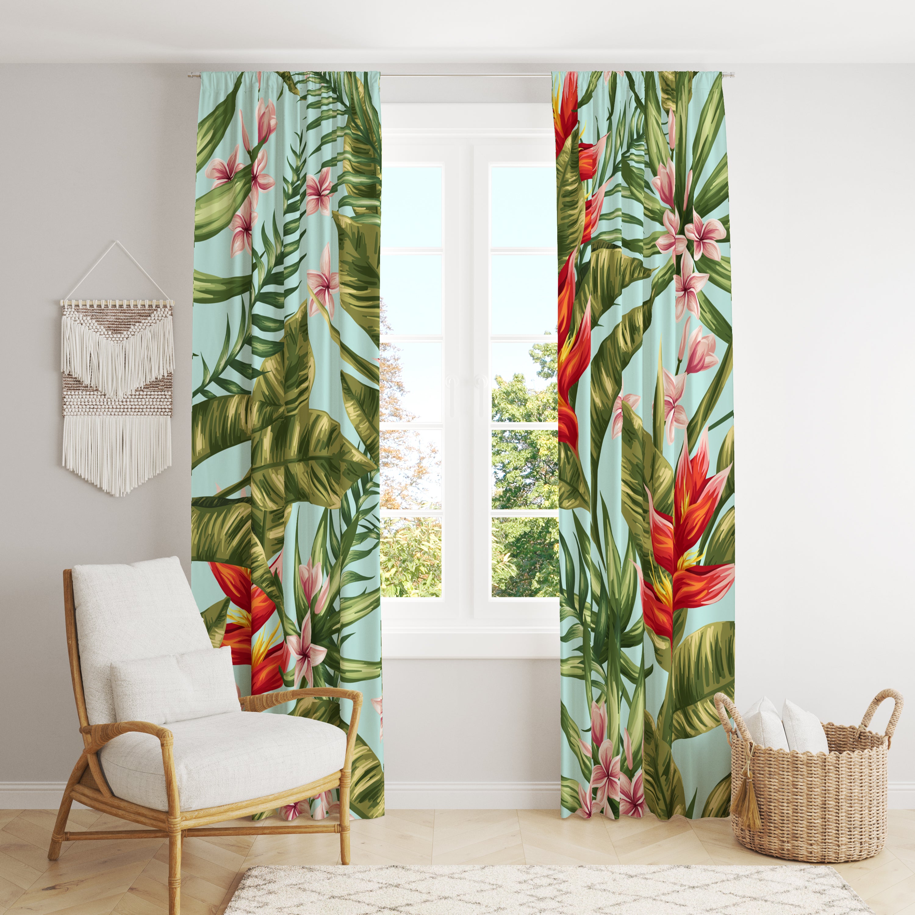 Green Leaves And Red Flowers Tropical Blackout Window Curtains HELICONIA - 2 Panels