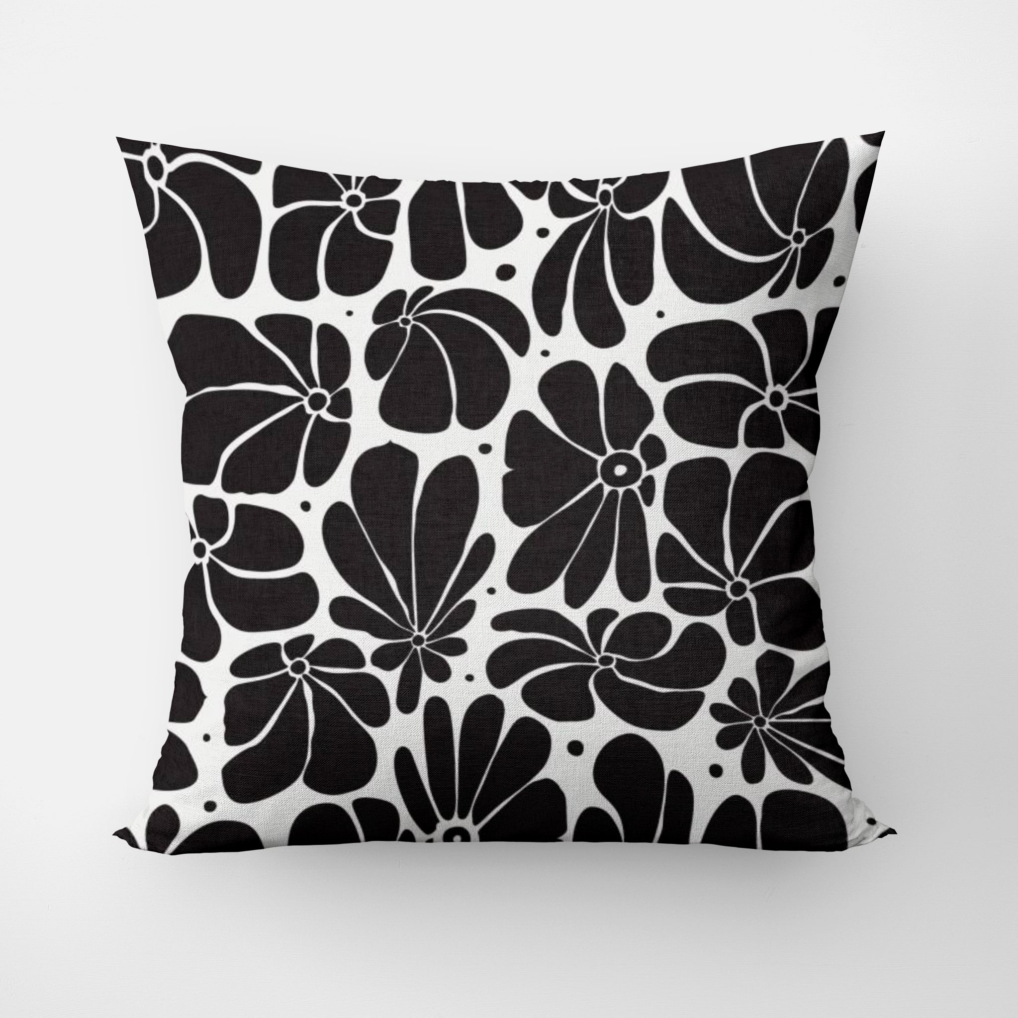 Retro 70s Abstract Floral Black White Pillow Cover BLOSSOM