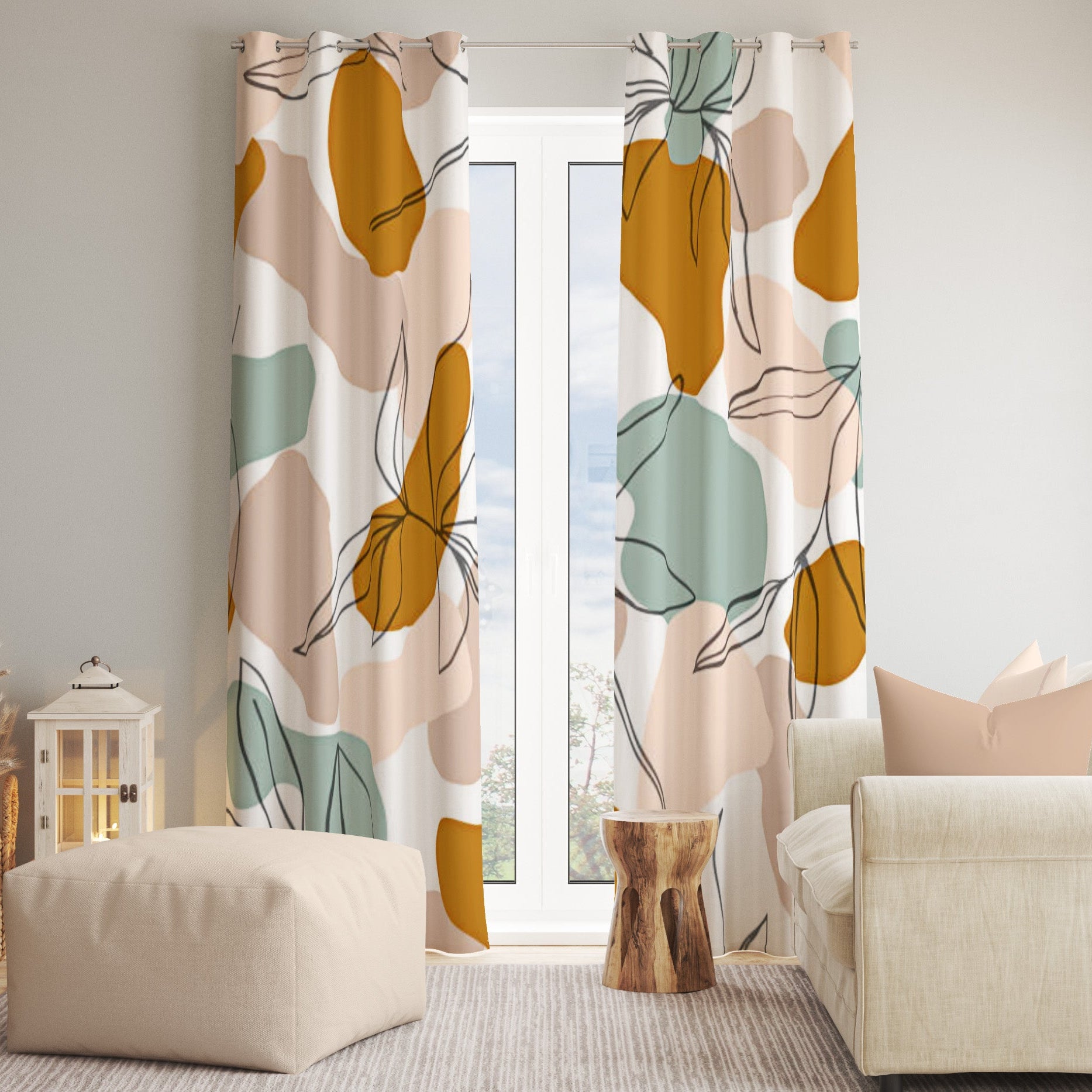 Abstract Shapes Leaves Pastel Boho Blackout Window Curtains ADELINE - 2 Panels