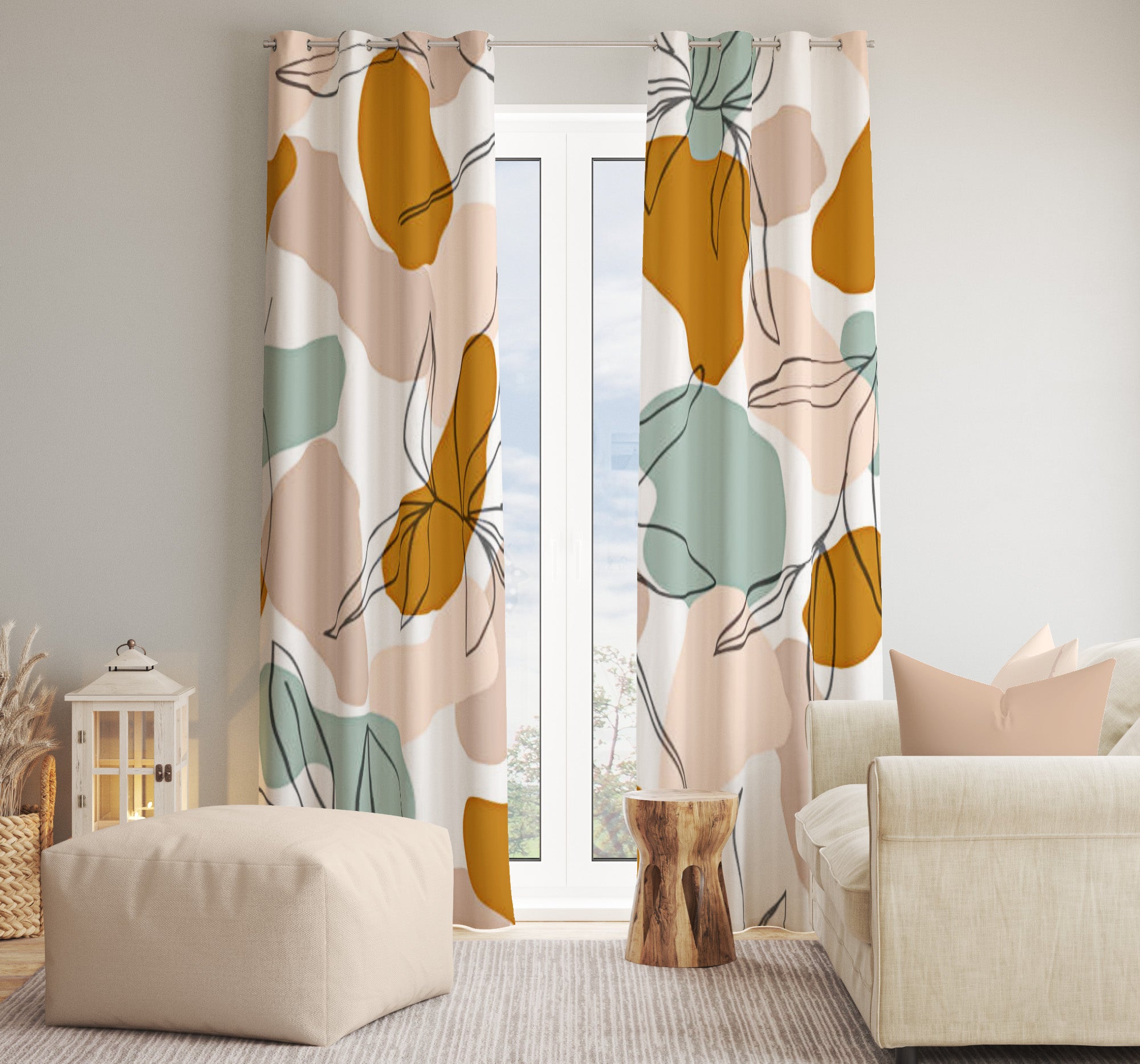 Abstract Shapes & Botanical Leaves Pastel Blackout Window Curtains ADELINE - 2 Panels