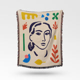 Woman Portrait Abstract Matisse Inspired Boho Cotton Woven Throw Blanket LYDIA