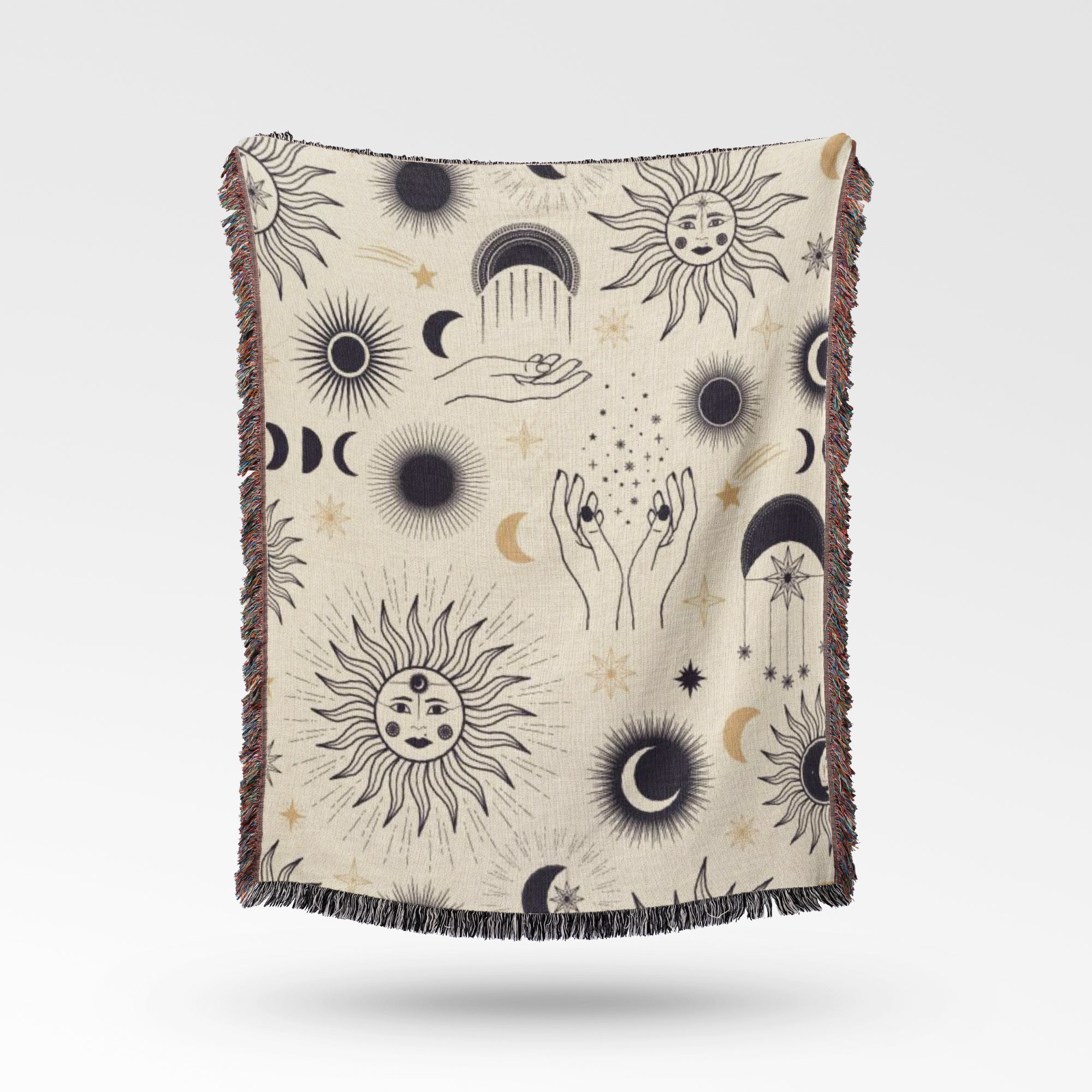 Sun Moon Stars Celestial Boho Chic Cotton Woven Throw Blanket