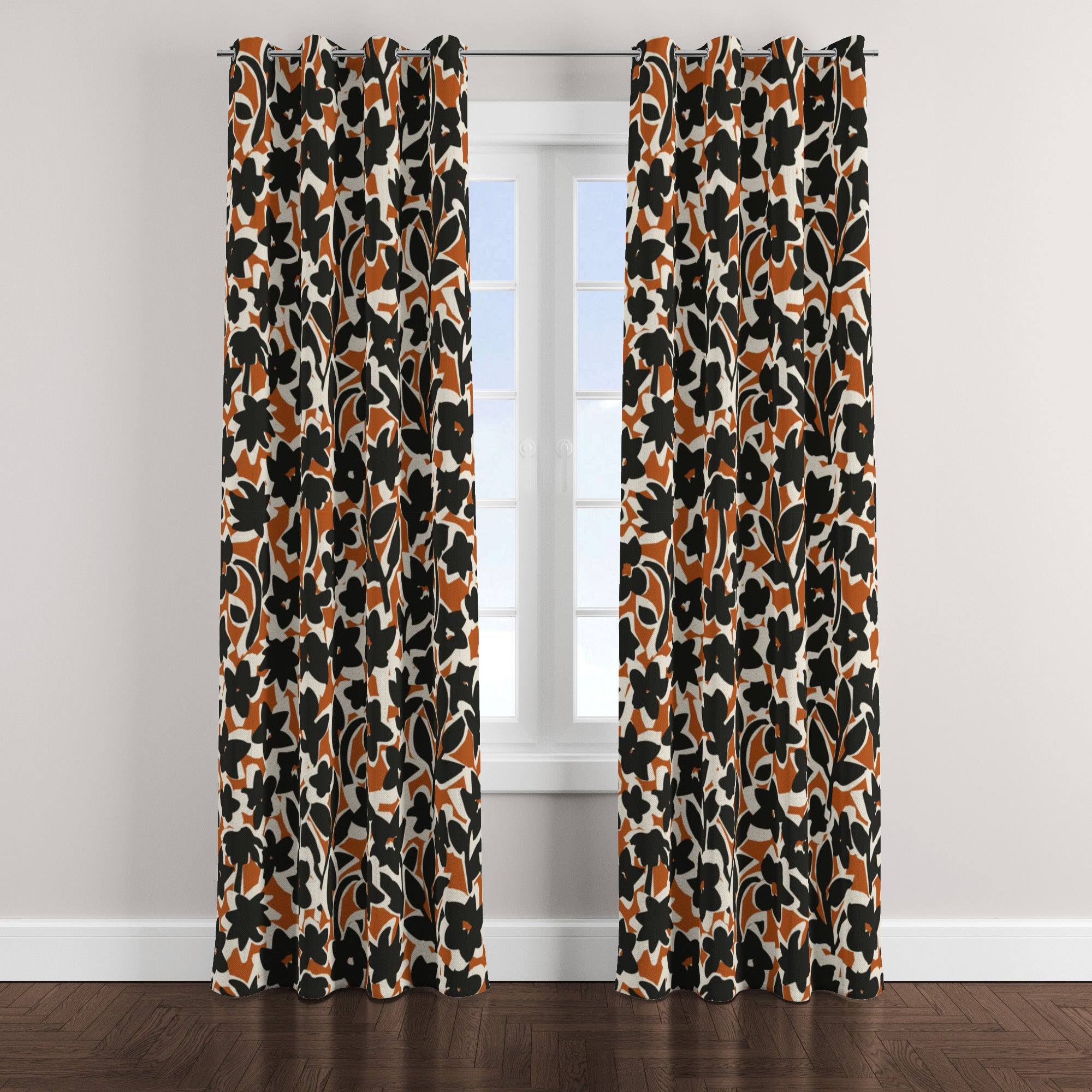 Modern Hand Drawn Brown Black Beige Floral Blackout Window Curtain ELSIE