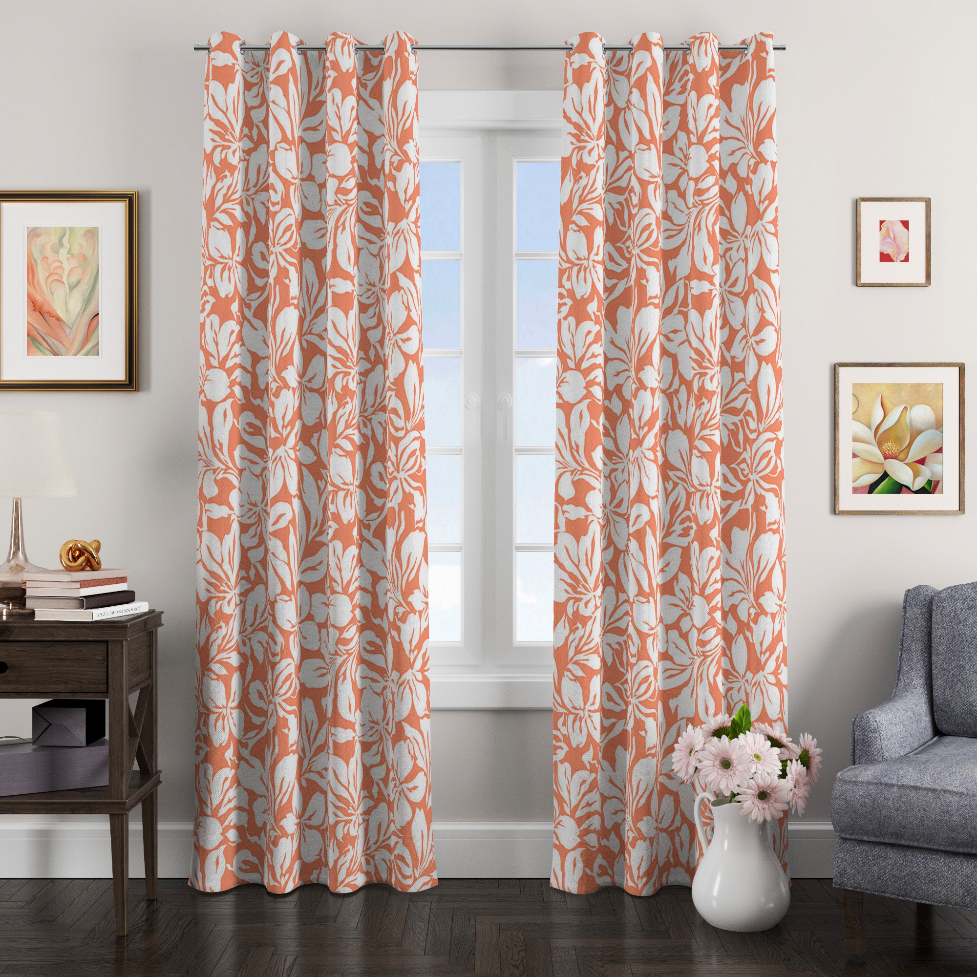 Abstract White Flowers Damask Peach Pink Fl Blackout Window Curtai Shapes Decor