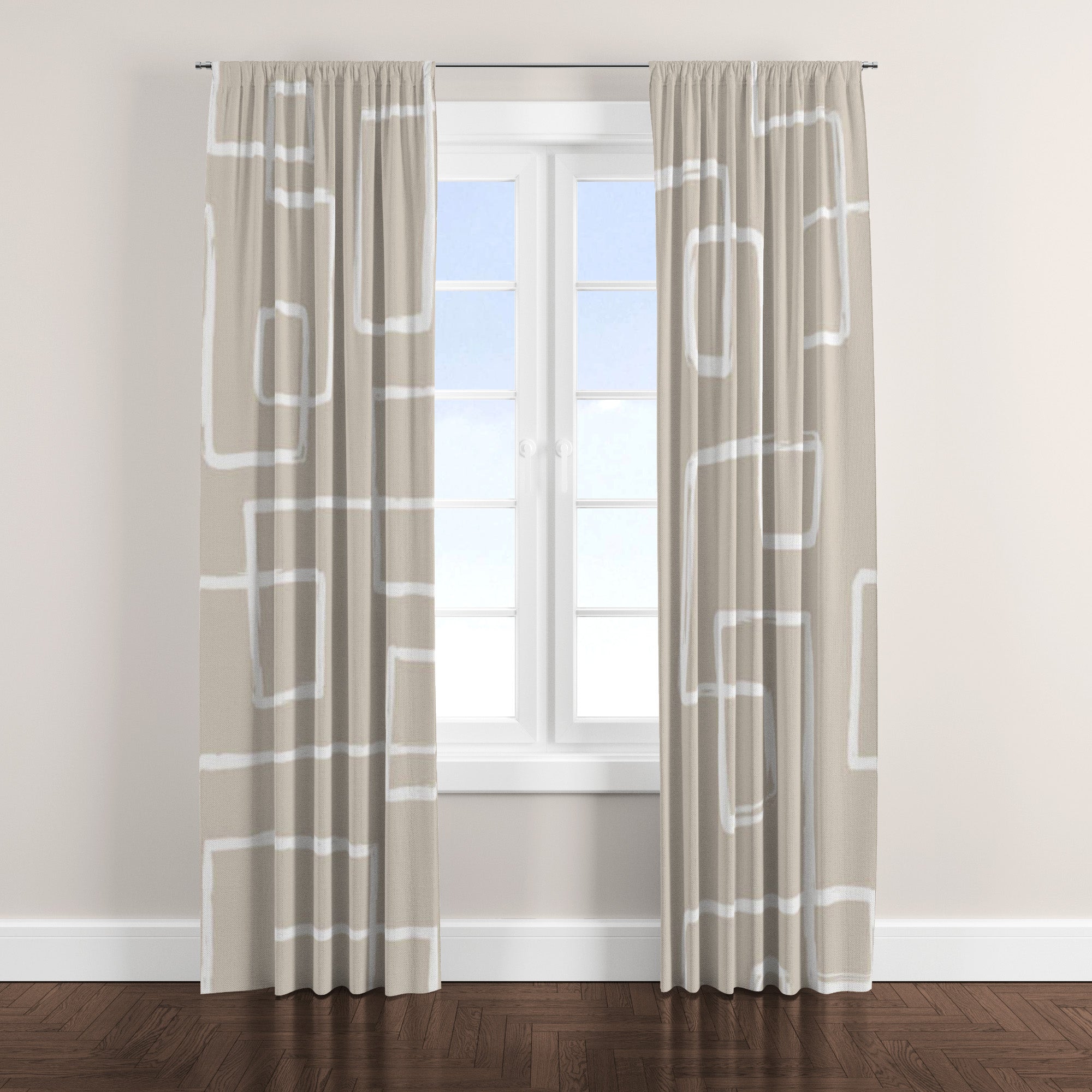 Abstract Geometric Beige White Neutral Mid Century Modern Blackout Window Curtain DANA