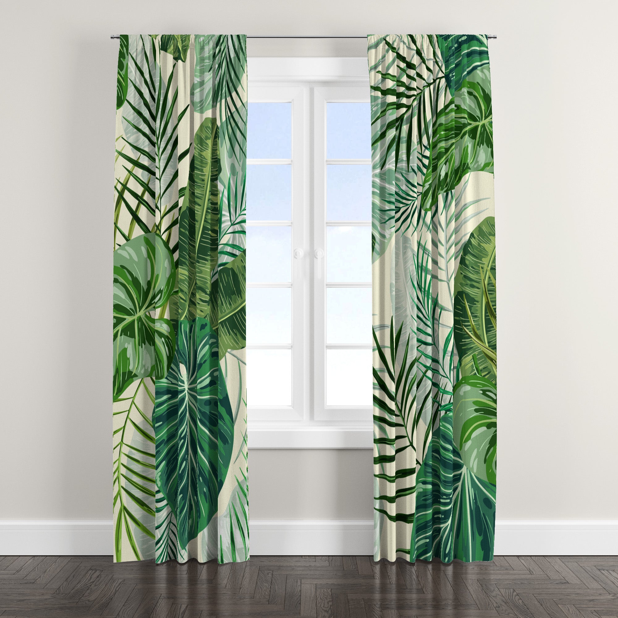 Tropical Green Plant Leaf Blackout Window Curtains DOMINICA - 2 Panels