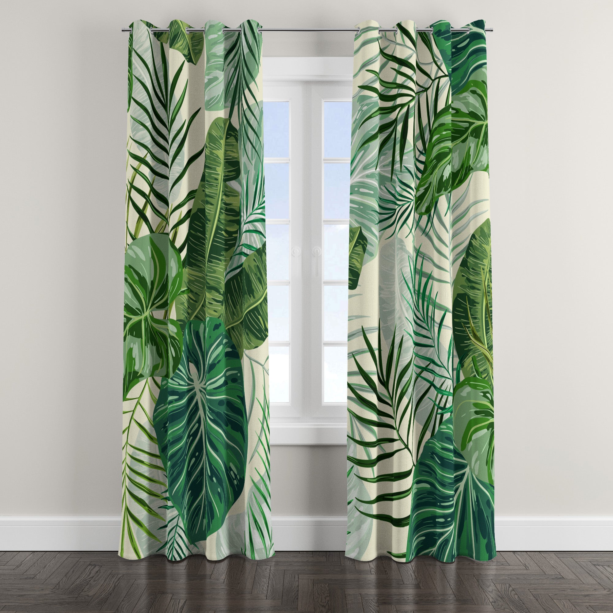 Tropical Green Plant Leaf Blackout Window Curtains DOMINICA - 2 Panels