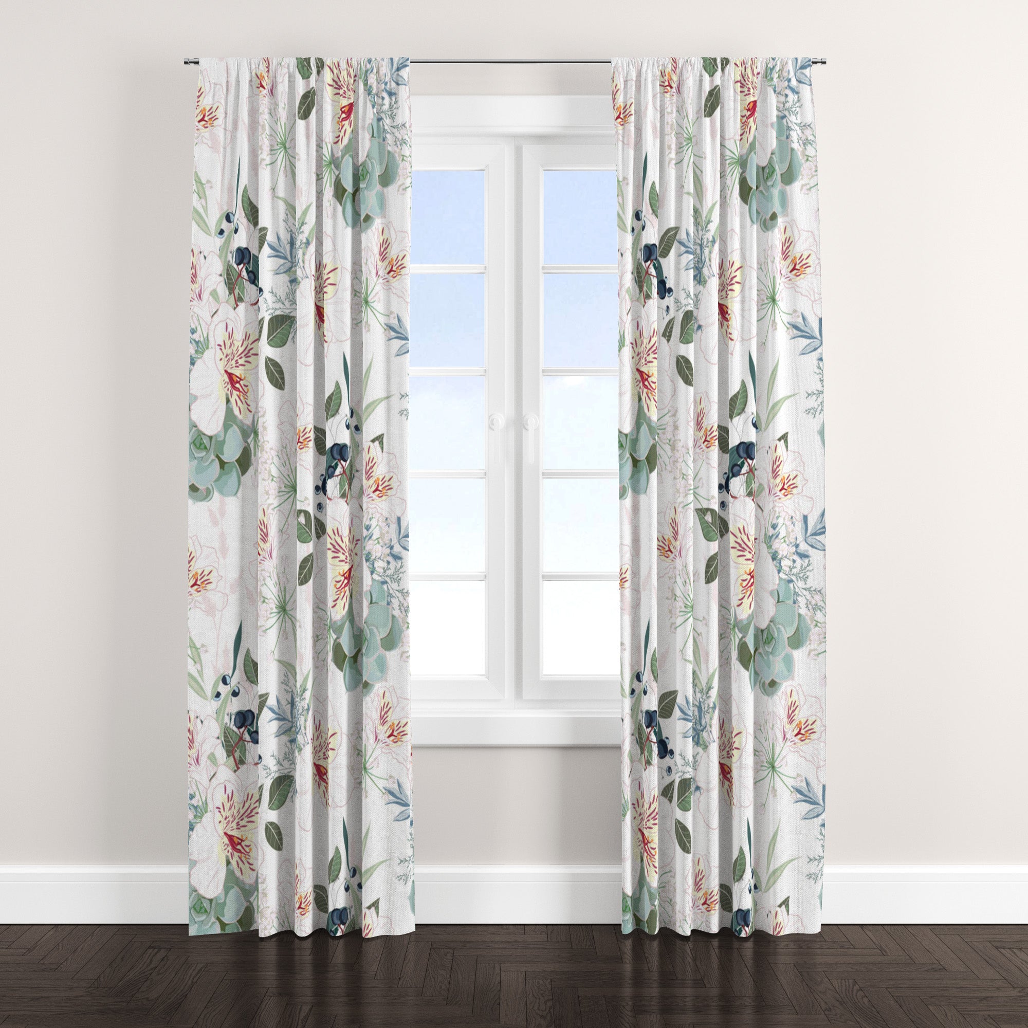 Floral Vintage Lilies Classic Dusty Pink Teal White Blackout Window Curtain LILJA